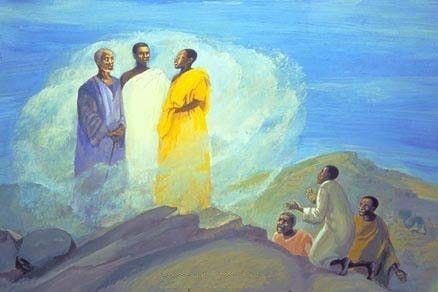 A depiction of the Transfiguration with African figures. Moses, Jesus, and Elijah stand before cowering Peter, John, and James.