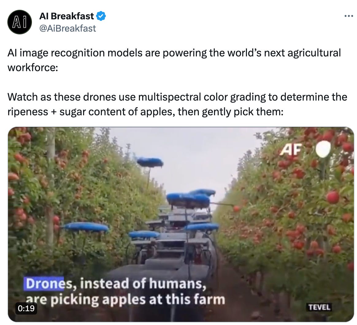  AI Breakfast @AiBreakfast AI image recognition models are powering the world’s next agricultural workforce:  Watch as these drones use multispectral color grading to determine the ripeness + sugar content of apples, then gently pick them: