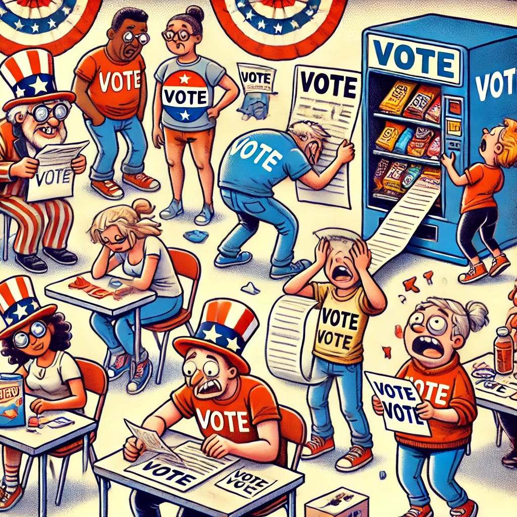 A humorous illustration of a group of people voting in a lively and chaotic polling station. Some people are wearing exaggerated 'Vote' hats, a person is struggling to fold a giant ballot, and another voter is confused, accidentally trying to vote in a snack vending machine. The scene is full of playful details and lighthearted energy.