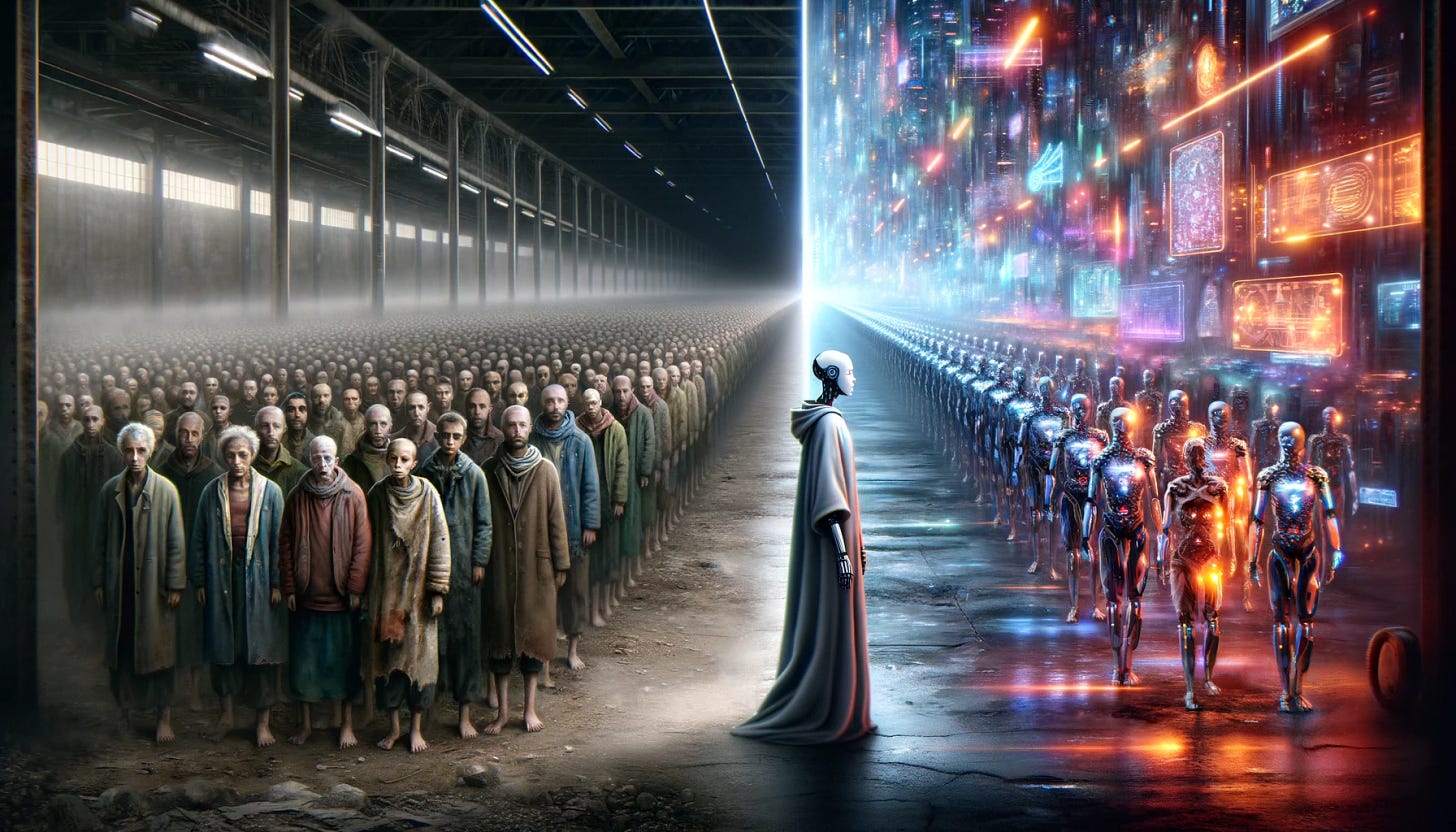 The composition is designed to create a hyper-realistic representation of two contrasting realities. On the left, the scene is filled with 12 million individuals standing in a somber line that recedes into the horizon. The depiction is hauntingly realistic, with muted colors, detailed faces expressing despair, and worn-out garments reflecting their impoverished status. The background is a barren, dystopian landscape, enhancing the grim mood. Transitioning to the right, a single AI stands amidst a utopian vision of the future, where technology has advanced to a point of performing all human tasks. The AI should appear highly realistic, with intricate designs that could be mistaken for a photograph of a sophisticated robot. The surrounding environment is filled with radiant, holographic displays and neon lights, showcasing a stark contrast to the left. In the center, these two worlds subtly blend, with elements from each side beginning to interweave, creating a believable fusion of the dismal human line and the AI's vibrant domain.