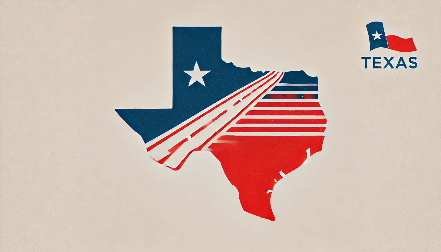 A minimalist graphic in landscape format using red, white, and blue to represent immigration in Texas. The image features the outline of Texas with a road leading into it, symbolizing the movement of people. The design is clean with no text, focused on the visual representation of immigration into Texas, using a plain background.