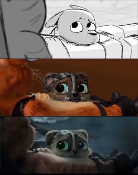 The various stages of production used to depict a scene of Puss having a panic attack. From top to bottom: the storyboard, a screenshot of the unrendered footage, and a screenshot of the final film.