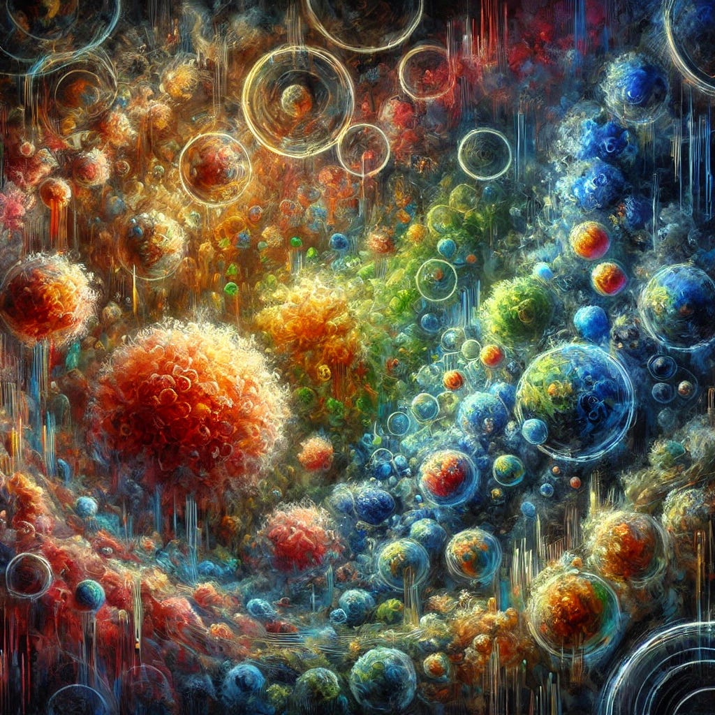 A beautiful, richly textured oil painting depicting the complexity of cancer biology and treatment. Dark background with deep, bold colors. Interwoven, expressive lines in blue, green, and red represent metabolic pathways and diverse tumor cells. Soft, warm, circular forms represent immune cells and cancer stem cells, set within a vibrant, layered texture. Warm orange and yellow areas show intense metabolic activity, while cooler tones surround them, symbolizing cellular diversity. Blurred, layered sections suggest tumor heterogeneity, with fine brushstrokes creating dynamic interplay between cells and tissues. Soft, glowing highlights convey hope and innovation.