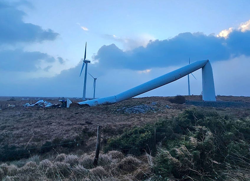 A wind turbine near An Spidéal lies buckled in half in the aftermath of Storm Éowyn 