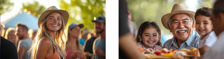 Two joyful, candid moments: the left shows a smiling young woman in a hat at an outdoor gathering, surrounded by a cheerful crowd enjoying the event. The right captures a heartwarming scene of an elderly man in a straw hat and two children, all smiling together over a shared meal, reflecting family and togetherness.