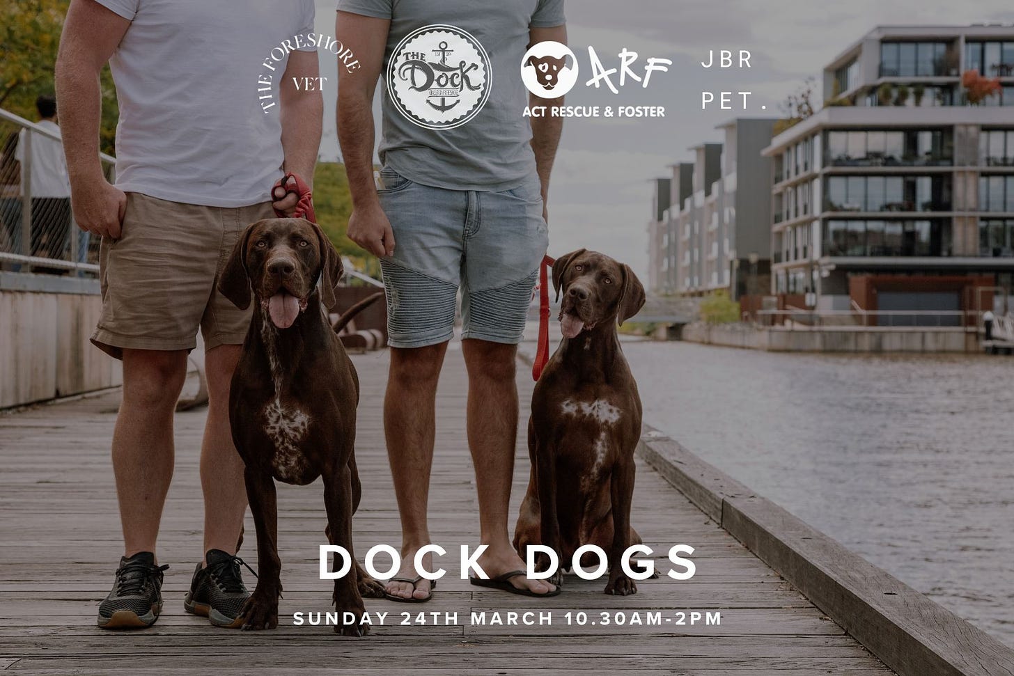 May be an image of 2 people, dog and text that says 'FORESHORE VET JBR ARF ACT RESCUE AC& & FOSTER PET DOCK DOGS SUNDAY 24TH MARCH 10.30AM-2PM'