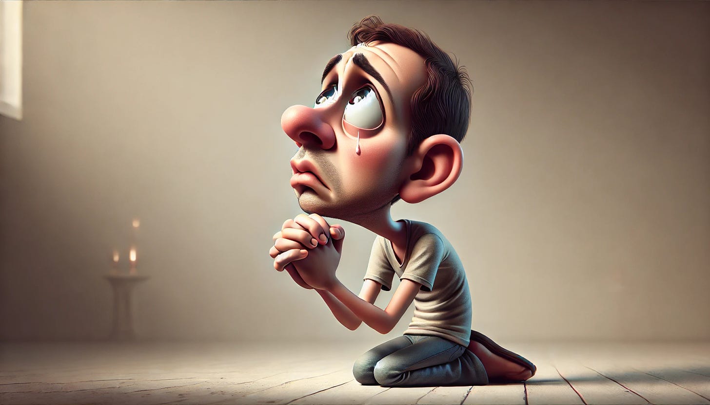 A caricature of a person seeking forgiveness, kneeling with hands clasped, looking up with an expression of remorse and sincerity. The person has exaggerated features like a large, pleading face with wide eyes and slightly oversized hands. The setting is simple, with the focus on the emotional expression of seeking forgiveness, and the background is soft and minimal to keep attention on the figure.