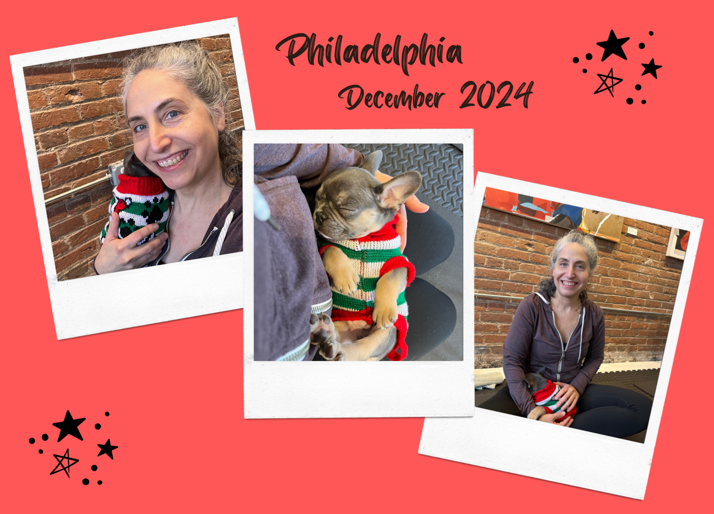 Text that says "Philadelphia 2024" and three photos in Polaroid frames: me holding a puppy on my shoulder, me holding the puppy in my lap, and a closeup of the puppy sleeping