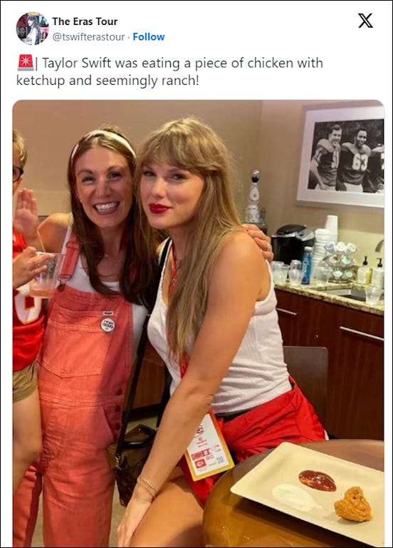 A tweet from a Taylor Swift fan amazed that Swift was seen eating a single chicken finger with ketchup and "seemingly ranch" as her dipping sauces