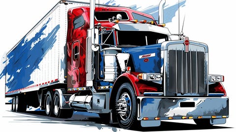 Clipart of a vibrant semi-truck with bold red, blue, and white colors.