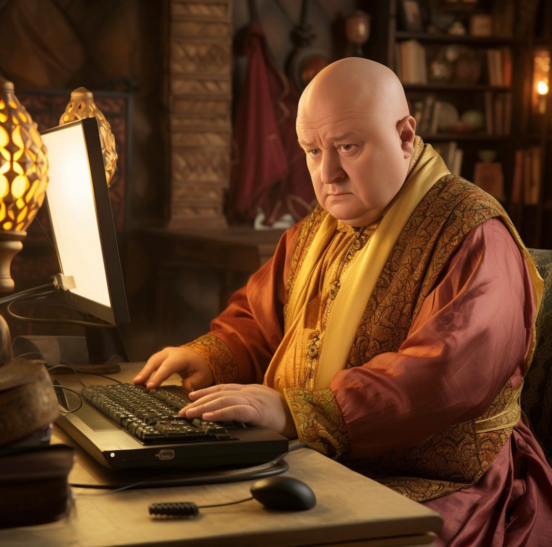 The eunuch spymaster Lord Varys, from the TV adaptation of Game of Thrones, sits in front of a desktop computer... plotting something?