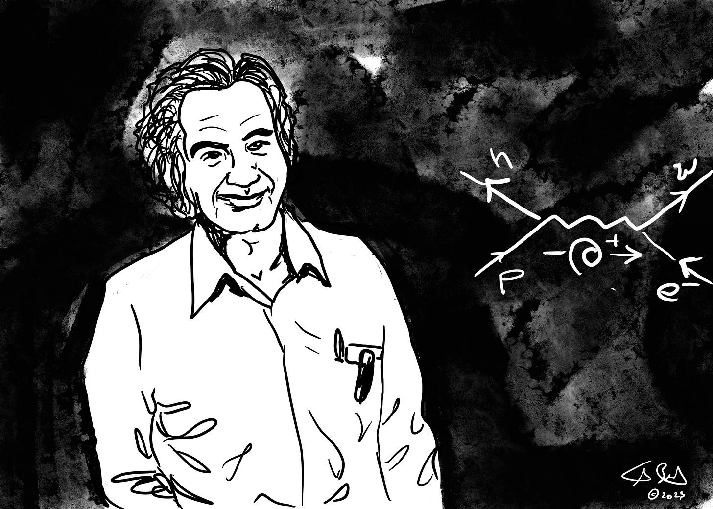 A Procreate illustration of Richard Feynman standing in front of a whiteboard where he liked to lecture.