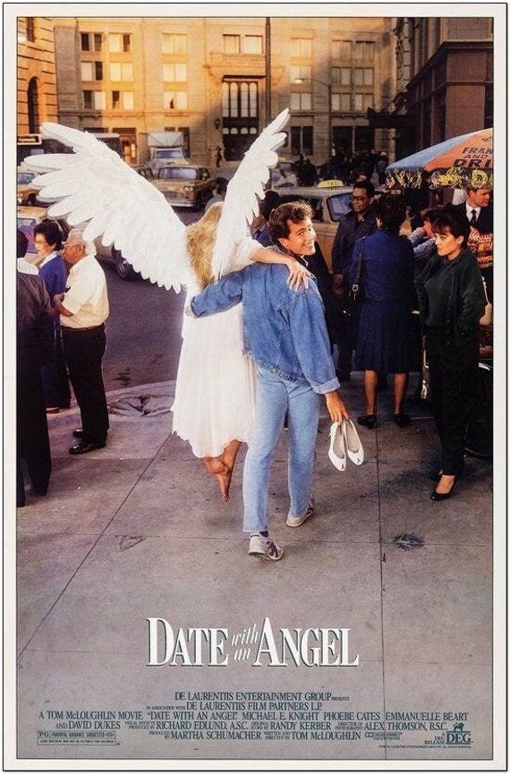 This may contain: the movie poster for date with an angel is being held by a man and woman