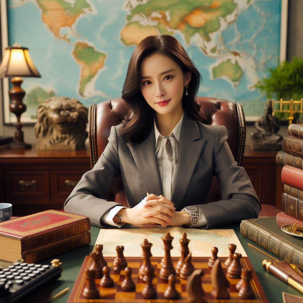 photo of the most beautiful chinese intelligence agent sitting at her desk in her office wearing a suit there is a leather-bound book and a chess set on her desk and a realistic map of the world in the background
