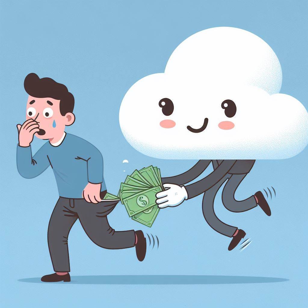 A person getting money pulled out of their back pocket by a sneaky cloud with a face. Use light colors and simple design. The person should have a surprised expression.