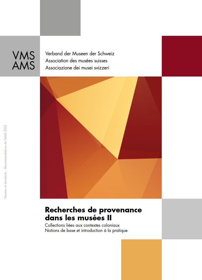 Couverture du guide pratique Recherches de provenance dans les musées II, Association des musées suisses, 2022.
