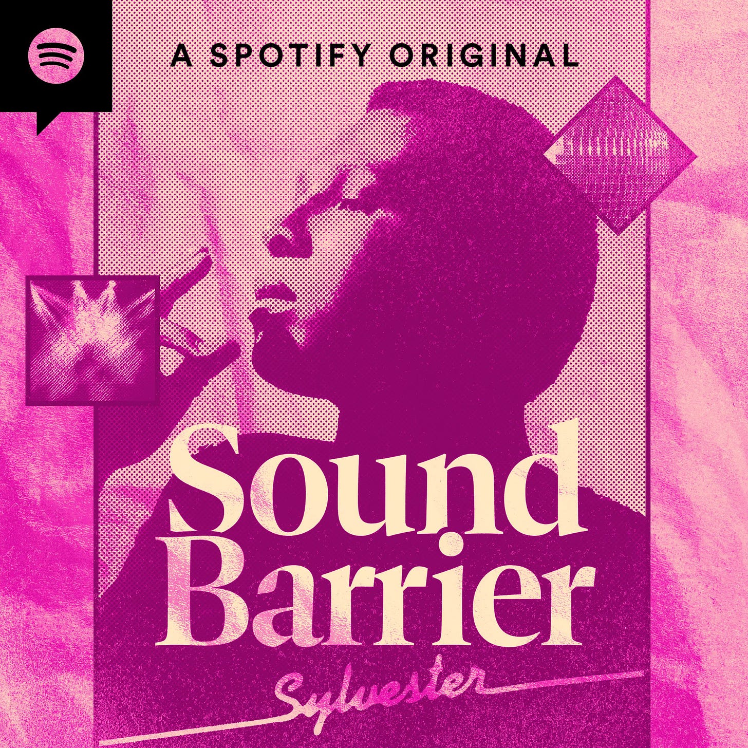  Paarse en roze afbeelding met een portret van een persoon in zijaanzicht die een glamoureuze uitstraling heeft. Bovenaan staat in zwarte letters: "A Spotify Original." Onderaan staan in grote, elegante witte letters de woorden "Sound Barrier" en daaronder in een speelse paarse schrijfletters "Sylvester." Links boven is het Spotify-logo te zien. De stijl is levendig en retro.