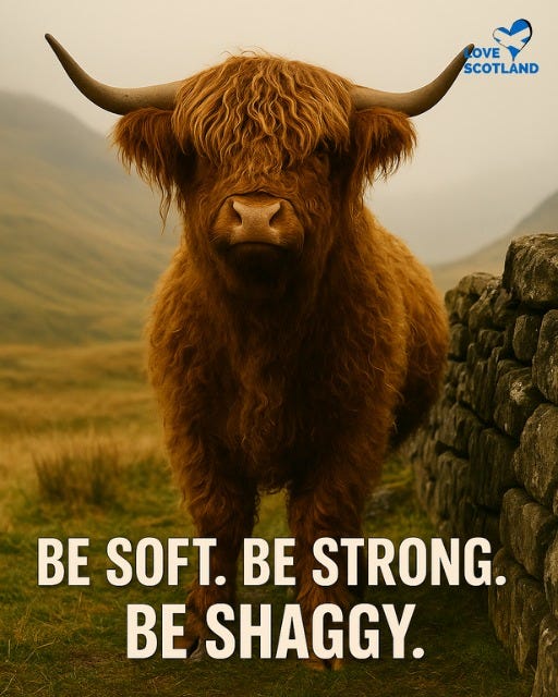 May be an image of text that says "LOVE SCOTLAND BE SOFT. BE STRONG. BE SHAGGY."