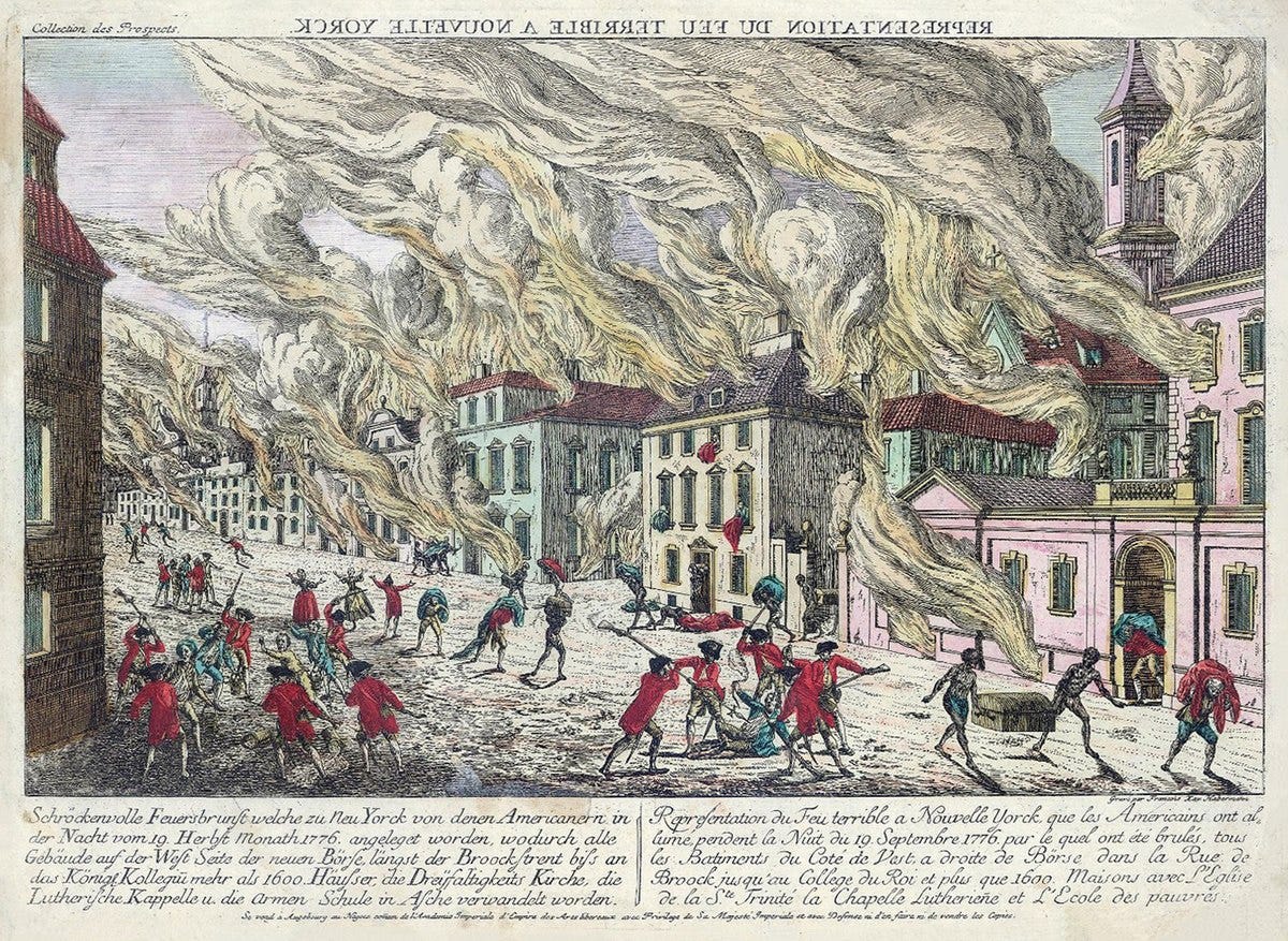 An artist's depiction of the fire.  Both French and German text are on the illustration, describing the event.