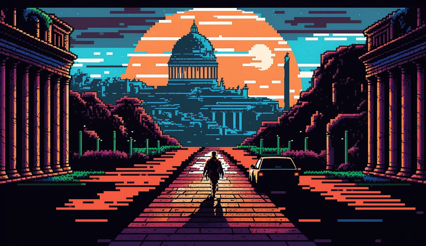 Midjourney prompt: all roads lead to rome pixelated art style
