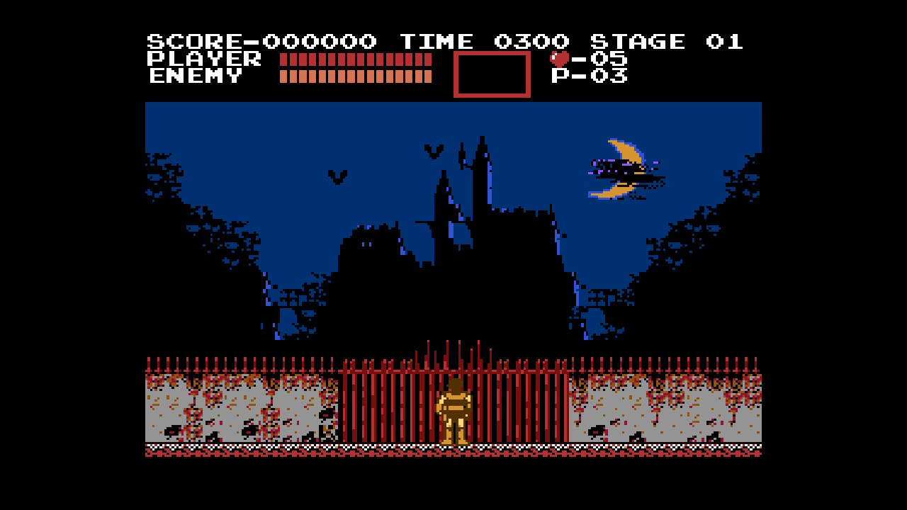 A screenshot from the opening cinematic of Castlevania on the NES, with Simon Belmont stopped at the gates of the castle, looking up at it.