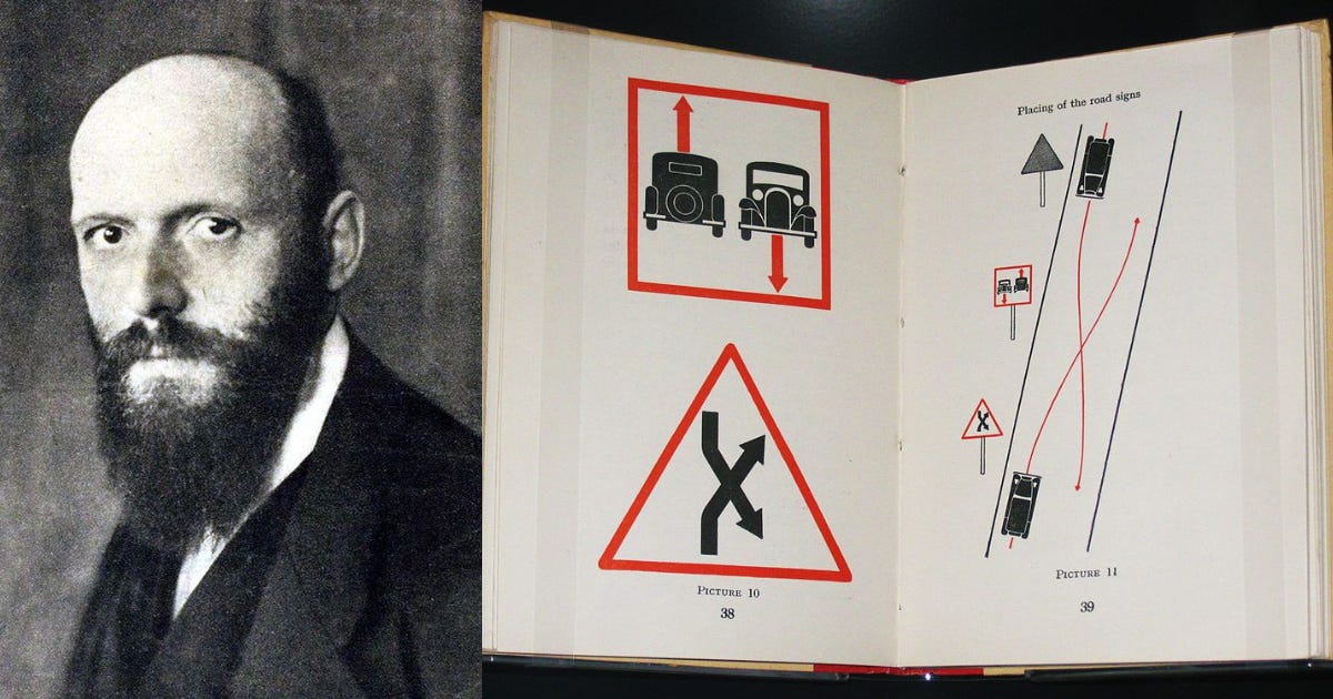 A photo of Neurath from 1919 on the left, and a book opened to pages depicting some of his symbolic language on the right.