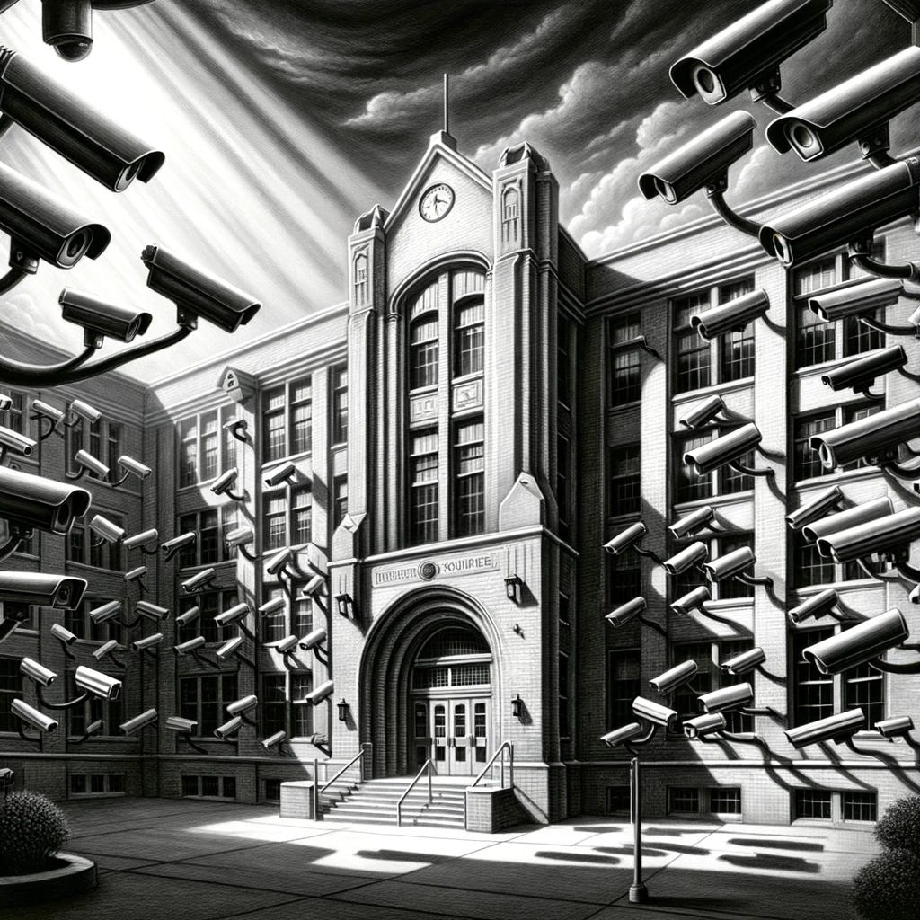 A black and white drawing that depicts a school overwhelmed with security cameras, illustrating an environment of intense surveillance. The school building is detailed with classic architecture, including large windows and a traditional facade. However, the old charm is contrasted sharply by the modern, omnipresent security cameras that are installed at every corner, entrance, window, and along the hallways, leaving no area unwatched. The cameras are of various sizes and types, some are small and discreet, while others are large and conspicuous, all pointing in different directions to cover as much space as possible. The drawing captures the stark dichotomy between the educational purpose of the school and the pervasive monitoring, creating a chilling atmosphere of watchfulness. Shadows and contrasts are used effectively to emphasize the invasive nature of the surveillance equipment against the backdrop of what should be a safe and nurturing educational environment.