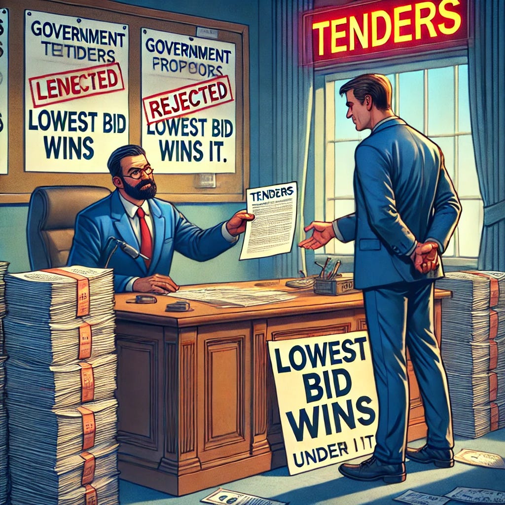 A visually striking digital illustration depicting a businessman in a suit standing at a government office counter labeled 'Tenders.' The businessman looks frustrated and confused as he hands over a legitimate proposal, while a corrupt official behind the counter accepts a bribe from another bidder under the table. The background includes stacks of rejected honest proposals and a board displaying 'Lowest Bid Wins' with a hidden clause beneath it. The scene highlights the challenges honest businesses face in government tenders.