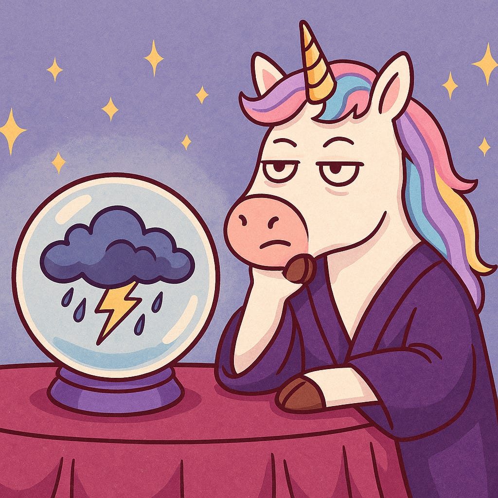 Image of a tired unicorn looking into a gazing ball with a storm cloud in it.