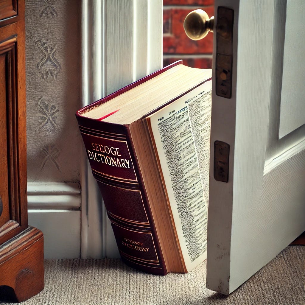 A large hardcover dictionary being used as a doorstop to hold open a wooden door. The scene shows the corner of a room with a door slightly ajar, and the dictionary placed sideways on the floor, wedged between the door and the doorframe. The dictionary is old with a faded cover, and the door is painted white with some light wear and tear. Natural light spills into the room from outside.