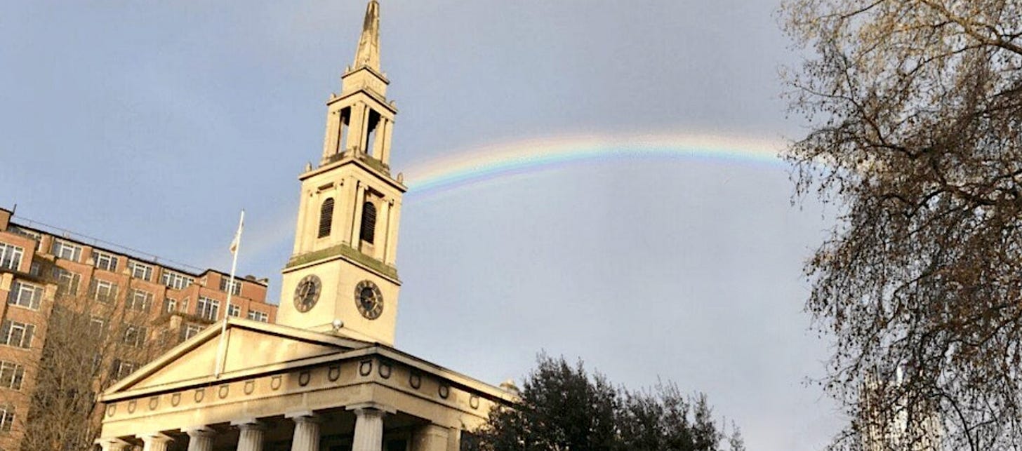Rainbow behind the spire of St John's Church Rainbow behind the spire of St John's Church