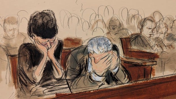 In this courtroom sketch, Sam Bankman Fried's parents Barbara Fried, left, and Joseph Bankman react to the jury verdict in Manhattan federal court, Thursday, Nov. 2, 2023, in New York. A New York jury has convicted FTX founder Sam Bankman-Fried of fraud charges. (Elizabeth Williams via AP)