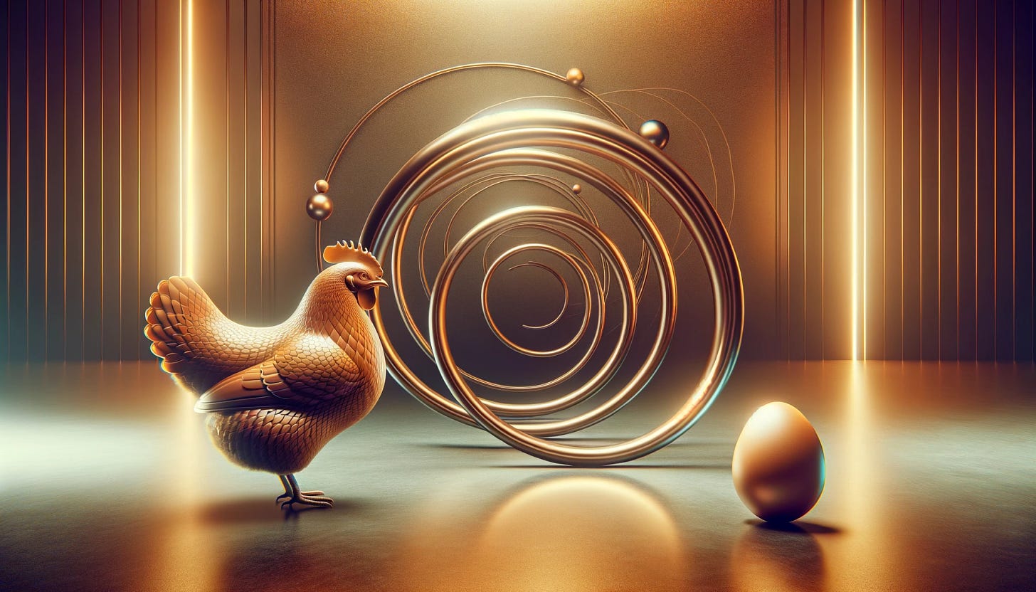 A wide image depicting the chicken and egg problem in a futuristic and elegant style, using a color palette of brownish, golden, and bronze tones. The scene should include a visually striking representation of a chicken and an egg, both placed in a way that suggests the classic dilemma of which came first. The background should be minimalistic yet sophisticated, with elements that hint at a cycle or loop to symbolize the ongoing debate. The atmosphere should convey a sense of mystery and contemplation.