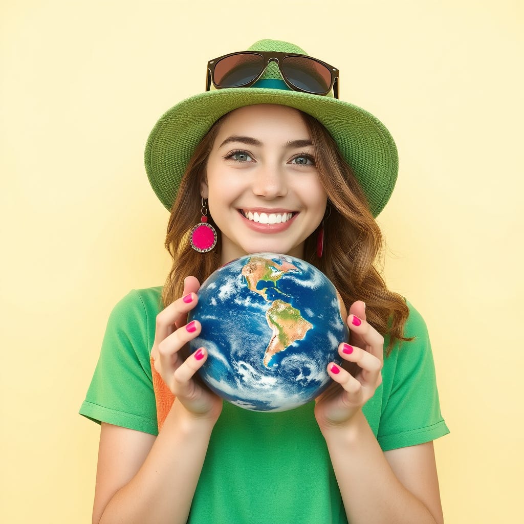 Happy young caucasian woman with vivid color casual clothes wearing a green hat, wearing contrasting vivid color accessories celebrating success isolated on vivid contrasting beige background with space. High-quality phot2