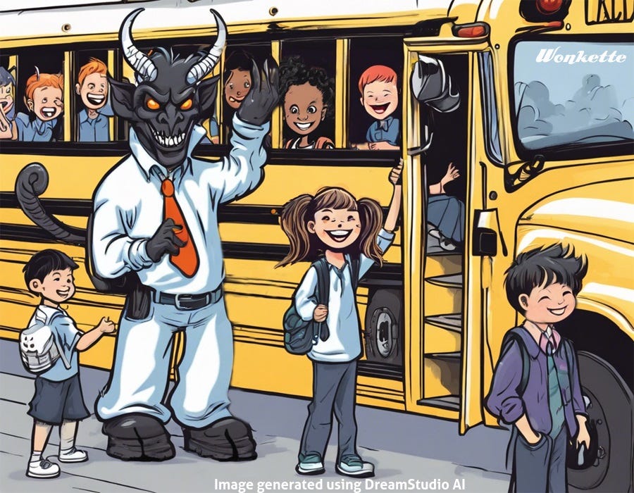 AI-generated cartoony image of a smiling Baphomet wishing kids a good day as they get off a school bus. Or on, maybe. 