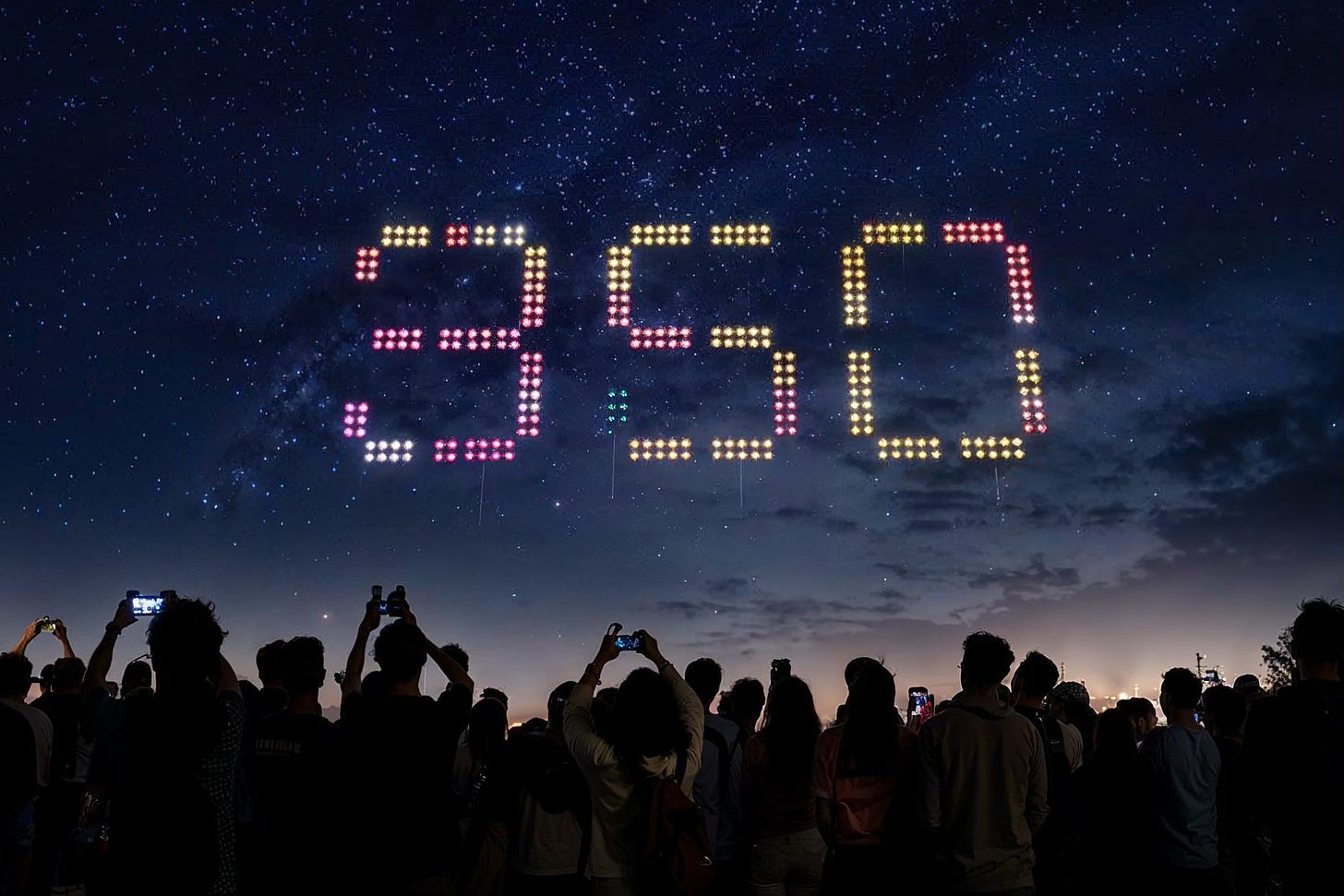 A low angle shot of a crowd in silhouette looking up to the sky at night. A brightly coloured LED drone formation spells the word "350" at huge scale. The sky is dark and filled with stars. The ground is covered with people holding up their phones to take photos.