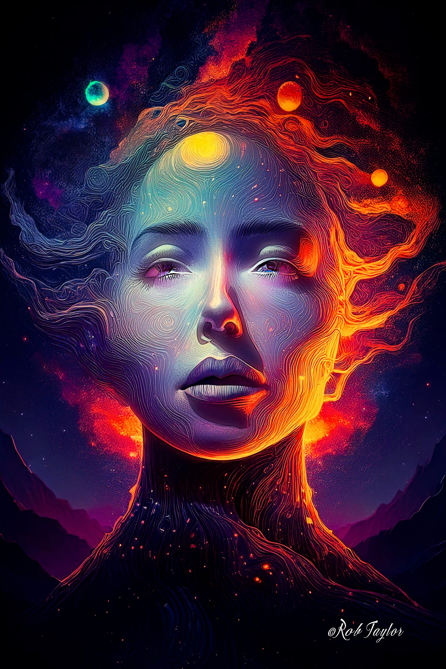 Digital illustration of a woman's face with clear eyes gazing slightly upward, surrounded by swirling bold colors and celestial orbs. The flowing lines around her head symbolize expanded consciousness and interconnected thought. Her serene expression and vibrant cosmic background evoke a sense of awakening and transcendent perception.