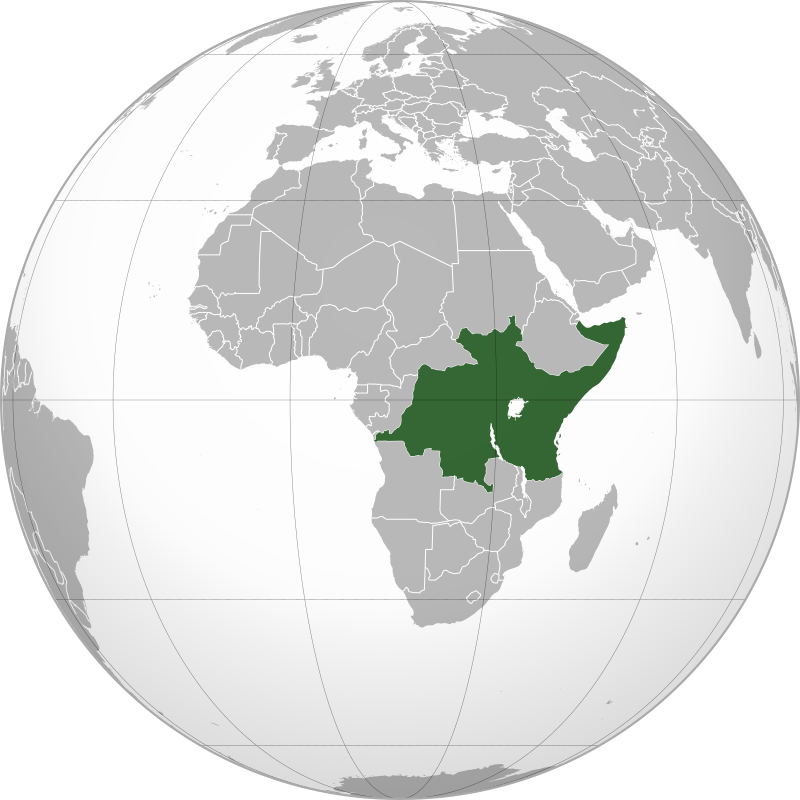 An orthographic projection of the world, highlighting the proposed East African Federation's territory (green).