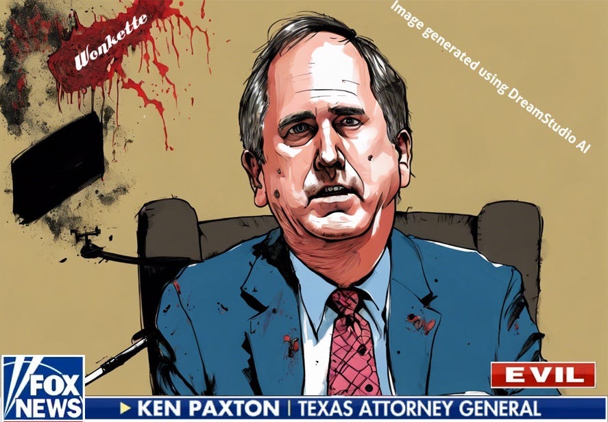An AI-generated caricature of Ken Paxton on Fox News, the chyron reads 'Evil' instead of 'Live'