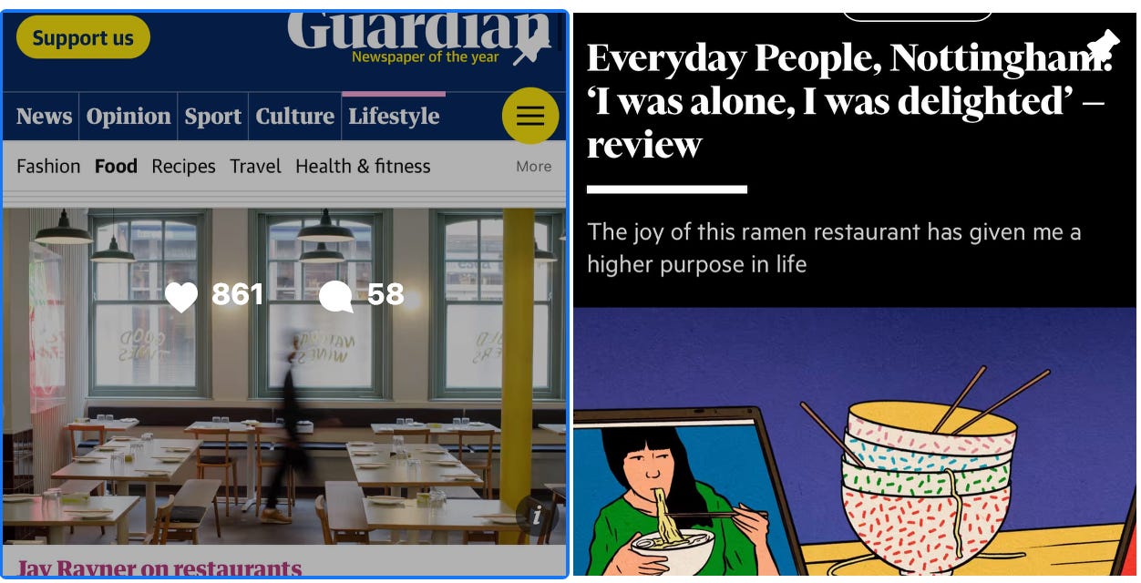 Screenshots of two restaurant review headlines for the same restaurant