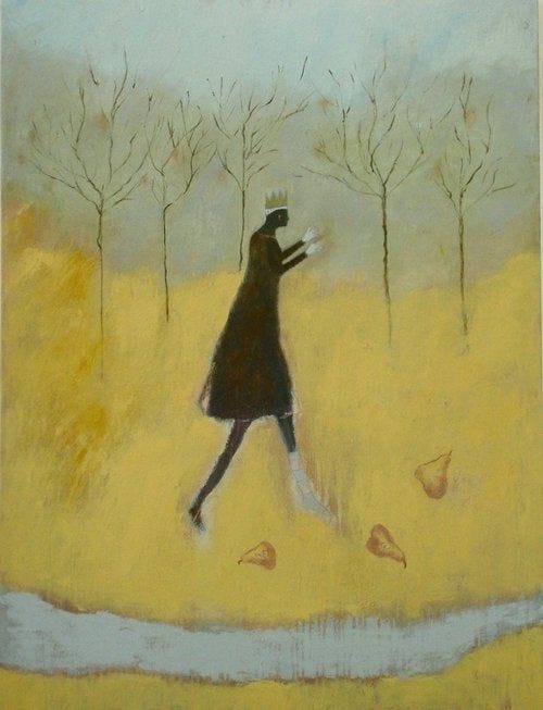 Woman with black skin and golden crown and silver hands walking through the forest