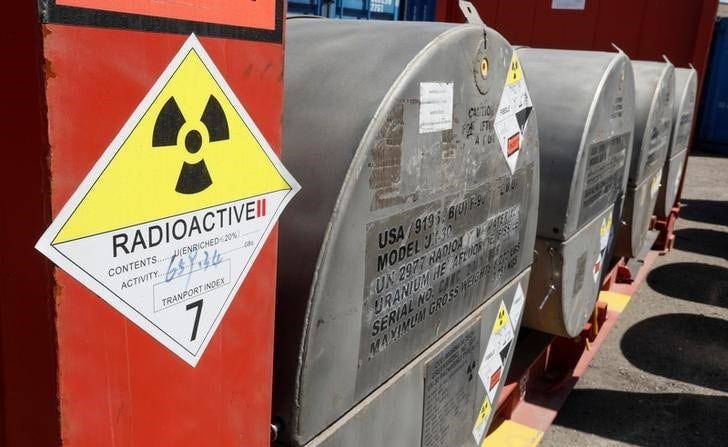 A view shows railway packages for containers with uranium hexafluoride salt, raw material for nuclear reactors, similar to the one to be used for the IAEA Low Enriched Uranium (LEU) Bank, at the Ulba Metallurgical Plant in Oskemen