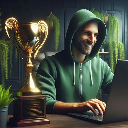 a man in a green hoodie who is typing on his laptop and smiling. He has a gold trophy nearby.