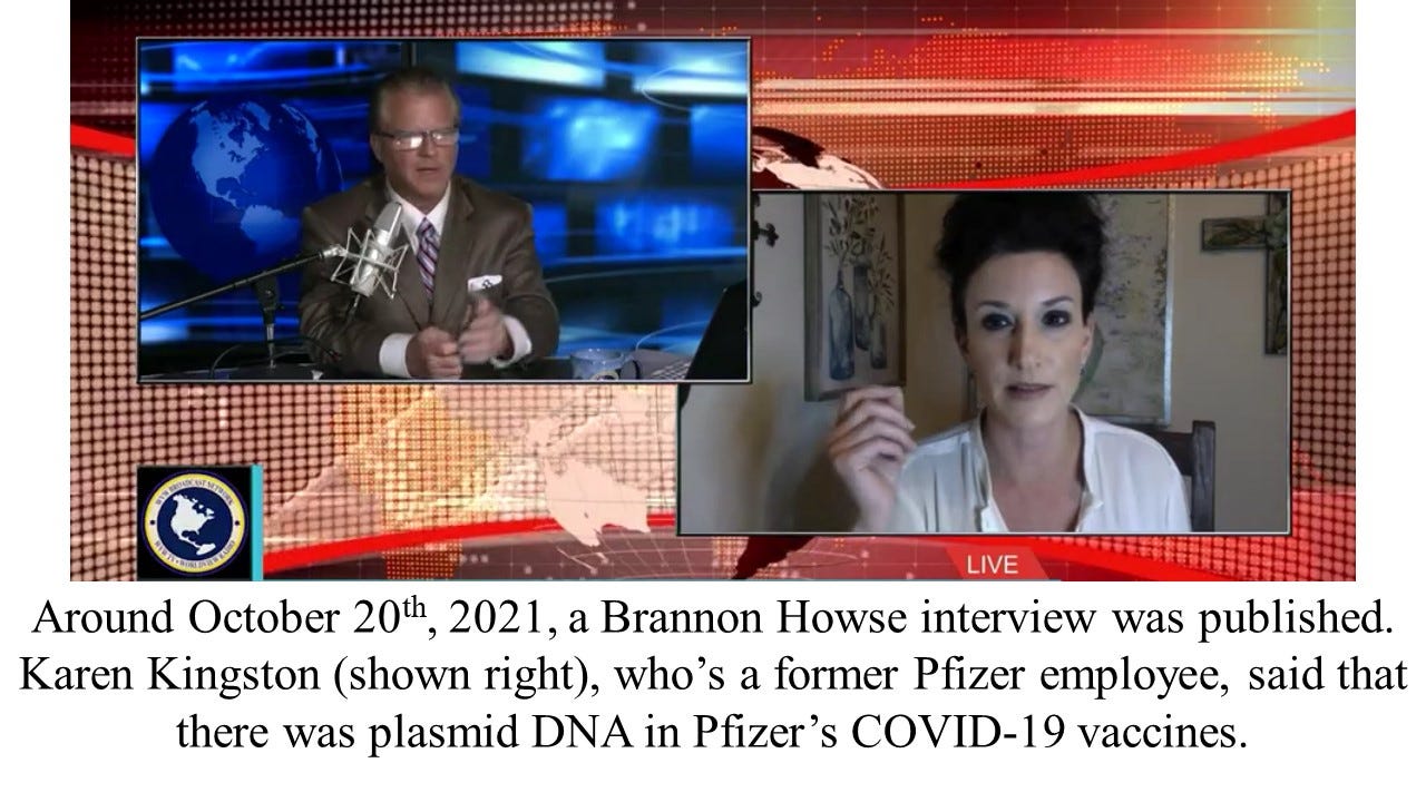 Around October 20th, 2021, Karen Kingston, who’s a former Pfizer employee, was interviewed by Brannon Howse. She said that there was plasmid DNA in Pfizer’s COVID-19 vaccines, and that no one (none of the vaccinees) was told about this. 
