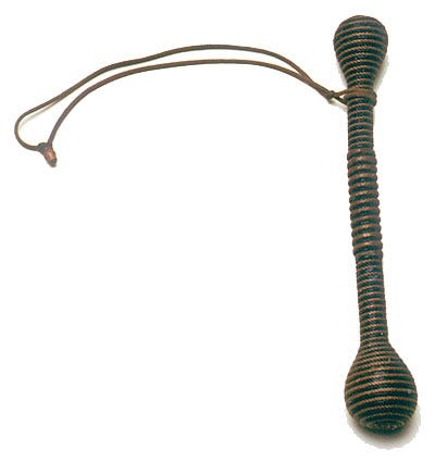 A short weapon with a lead bulb at each end and a carrying strap. The weapon appears striped due to being wrapped in cord.