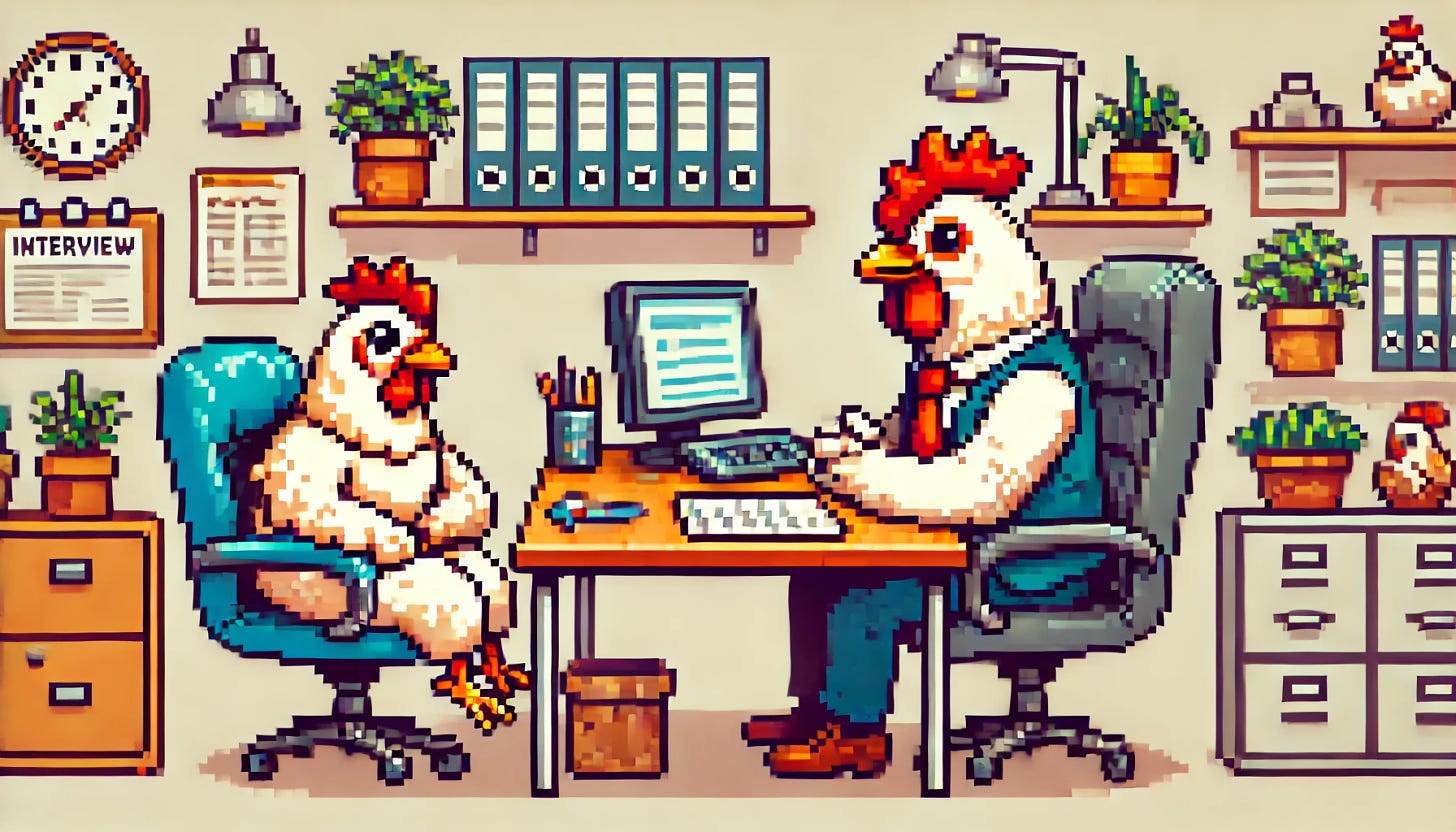 ai generated image of 8 bit style art of a chicken interviewing another chicken in an office