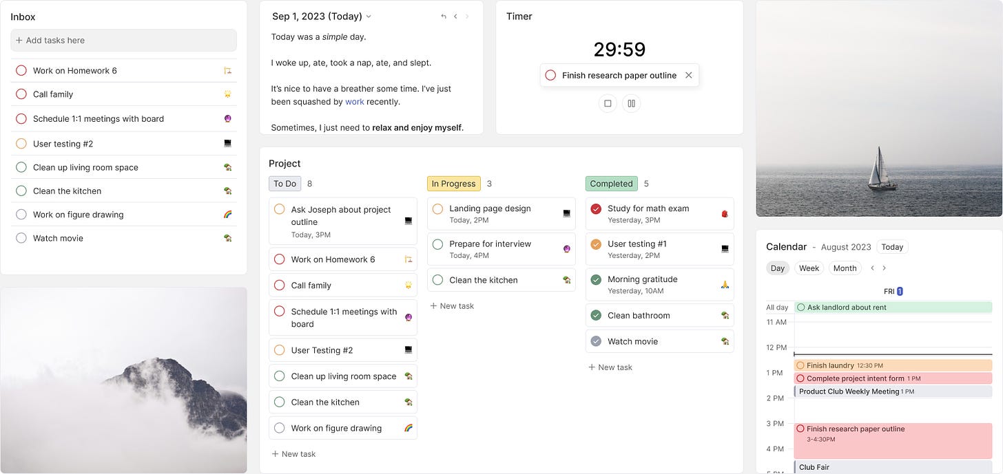 An array of work blocks in Inko Cat such as kanban, calendar, and timer