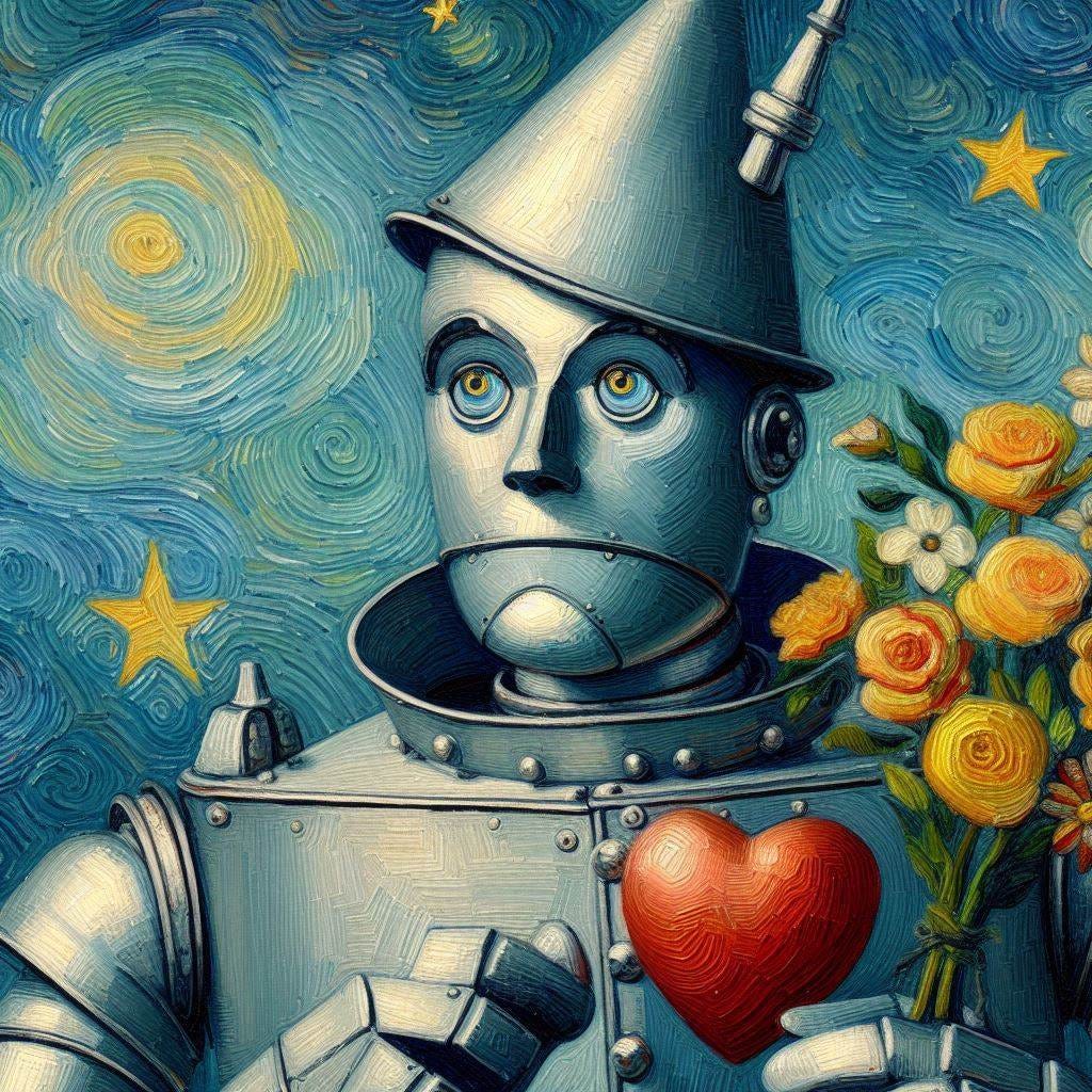 16:9 aspect image of the tin man from wizard of oz chasing a heart, he has a robotic aspect and dreamy eyes, painted in van gogh style