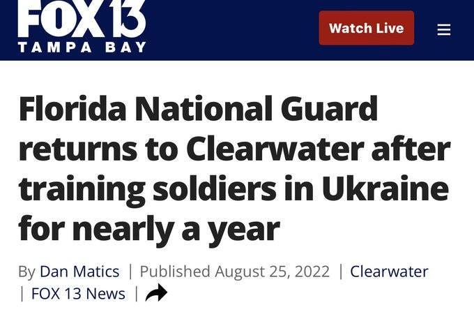 May be an image of one or more people and text that says 'FOX13 TAMPA BAY Watch Live Florida National Guard returns to Clearwater after training soldiers in Ukraine for nearly a year By Dan Matics Published August 25, 2022 I Clearwater FOX 13 News'