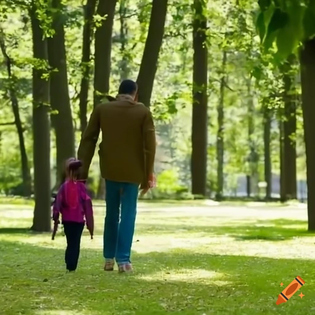 a young girl with her father, walking through a park with trees